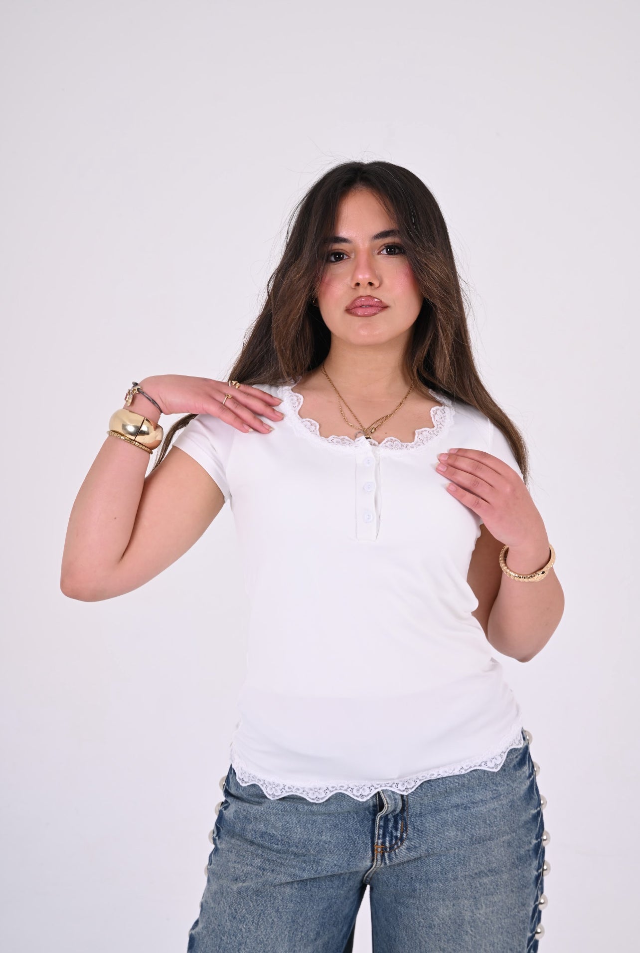 Henley Lace Tee In White