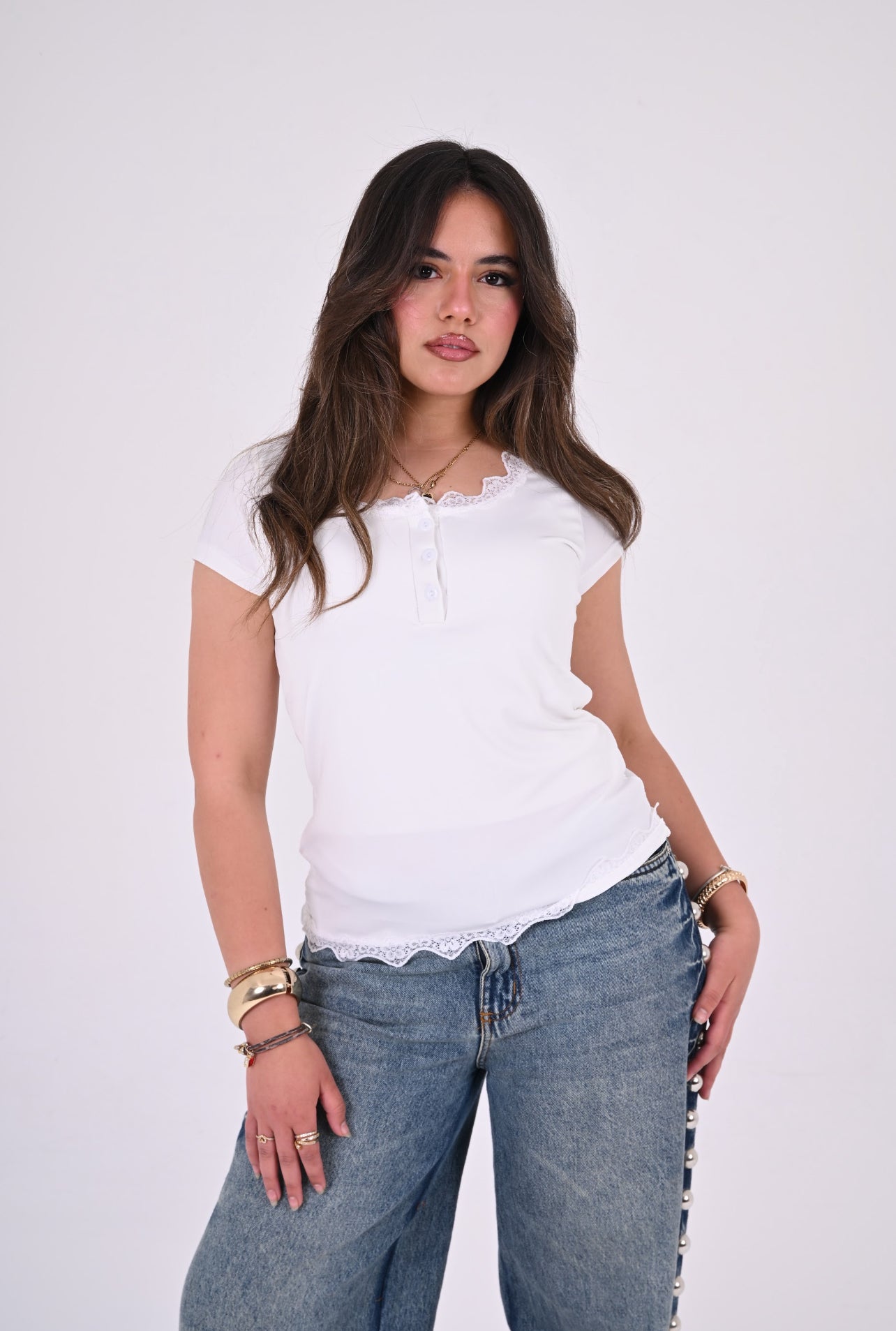 Henley Lace Tee In White