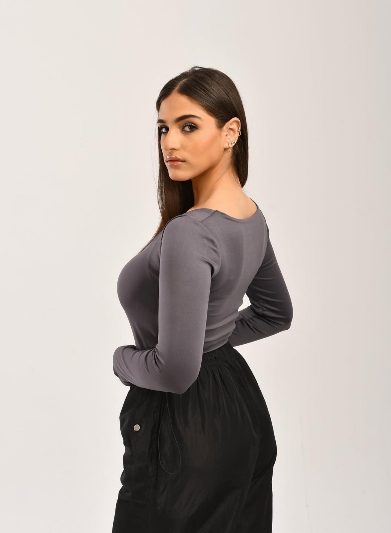Grey Squared Neck Contour Top