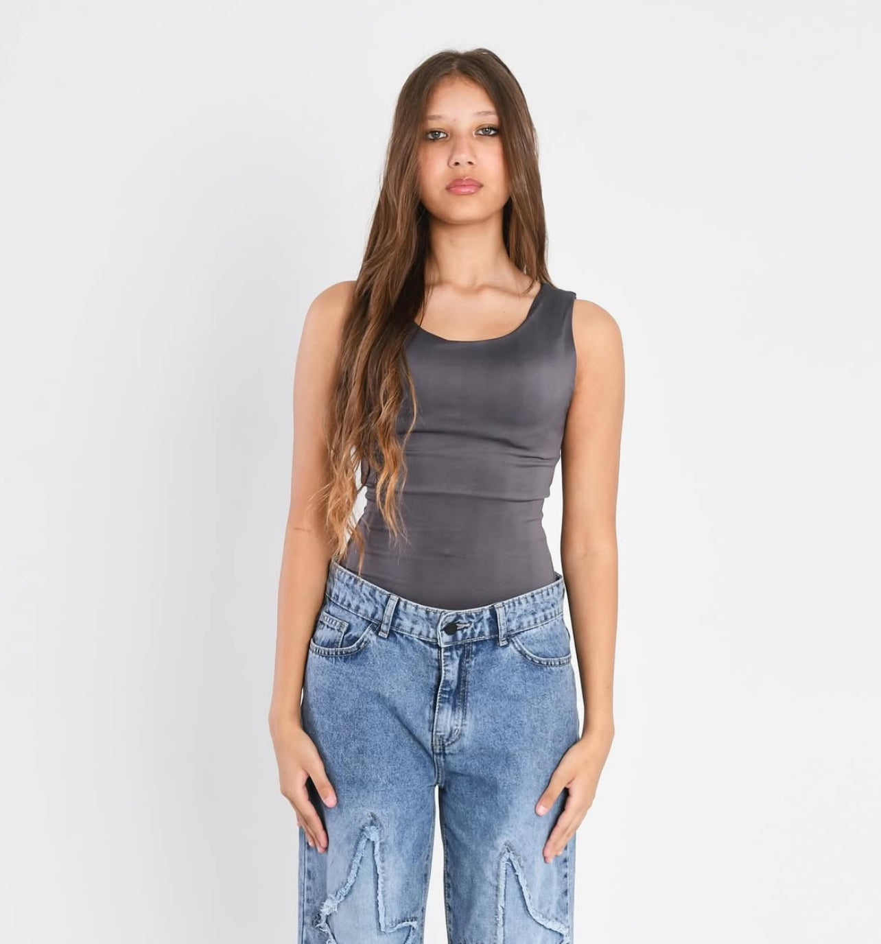 Grey Round Neck bodysuit Top