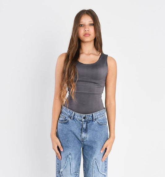 Grey Round Neck bodysuit Top