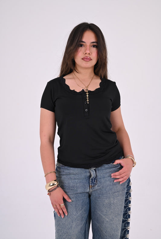 Henley Lace Tee In Black